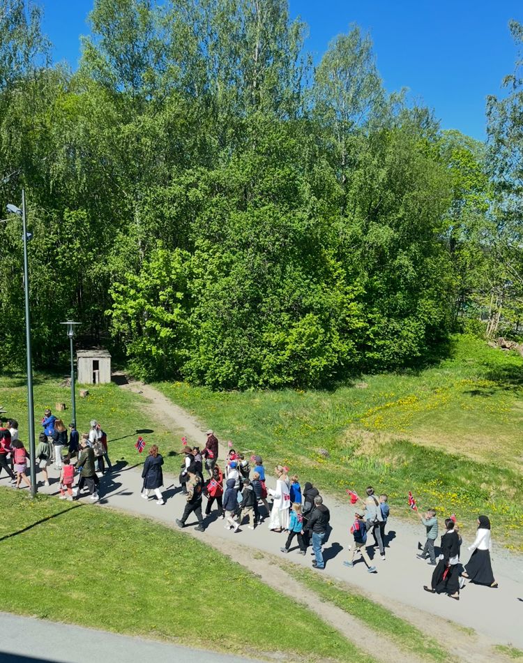 en gruppe mennesker som går på en sti med trær på hver side